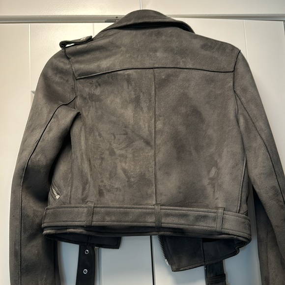 Zara Basic Outerwear Ladies Medium Grey Faux Suede Moto Biker Belted - Picture 5 of 6